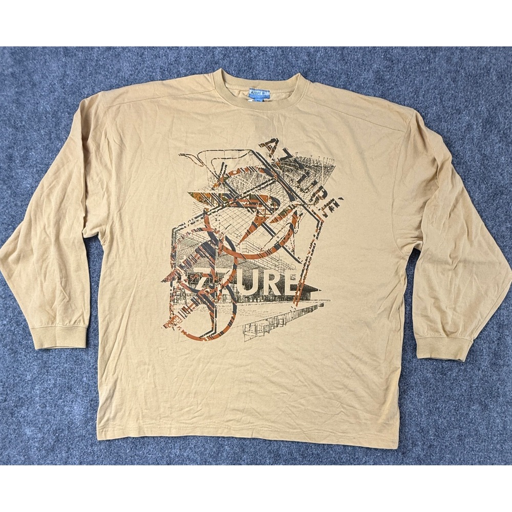 Vintage Y2K AZZURE Mens 4XL Graphic T‎ Shirt Long Sleeve Cotton Beige NWT